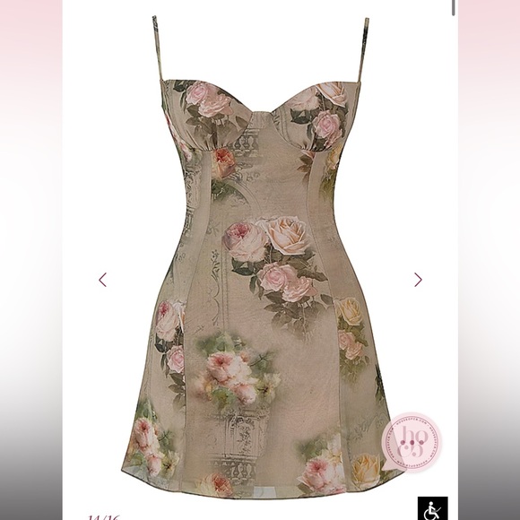 House of CB XS Christiana Beige Floral Mini Dress with Pink Rose Print - Picture 7 of 9